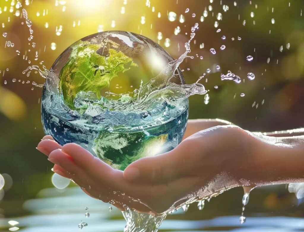 Hands holding a globe surrounded by splashing water, representing water and environmental stewardship.